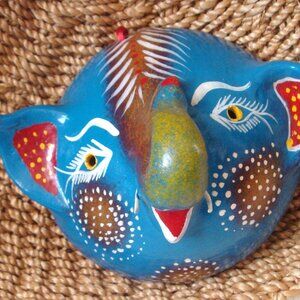 Smiling Blue Elephant Handpainted Coconut Mask Wall Decor